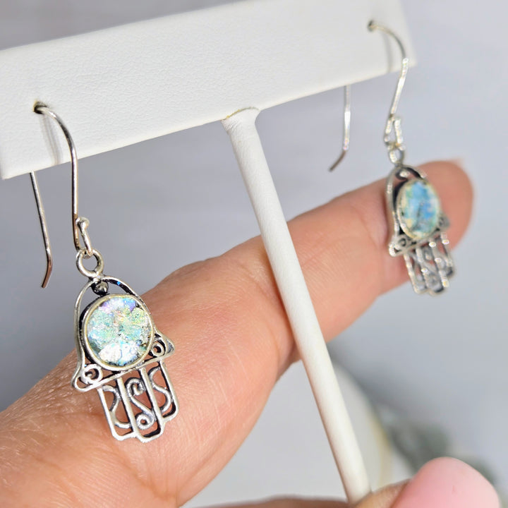 "Ancient Roman Glass Hamsa" 1.5" Earrings - Ancient Roman Glass, Sterling