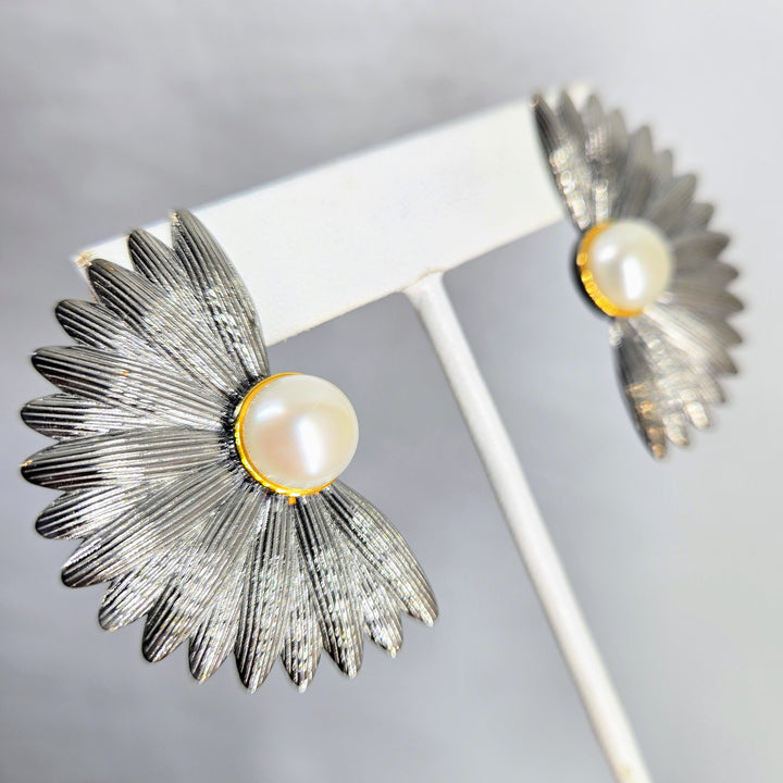 "My Biggest Fans" 2" Earrings - Pearls, 18k Gold & Black Sterling