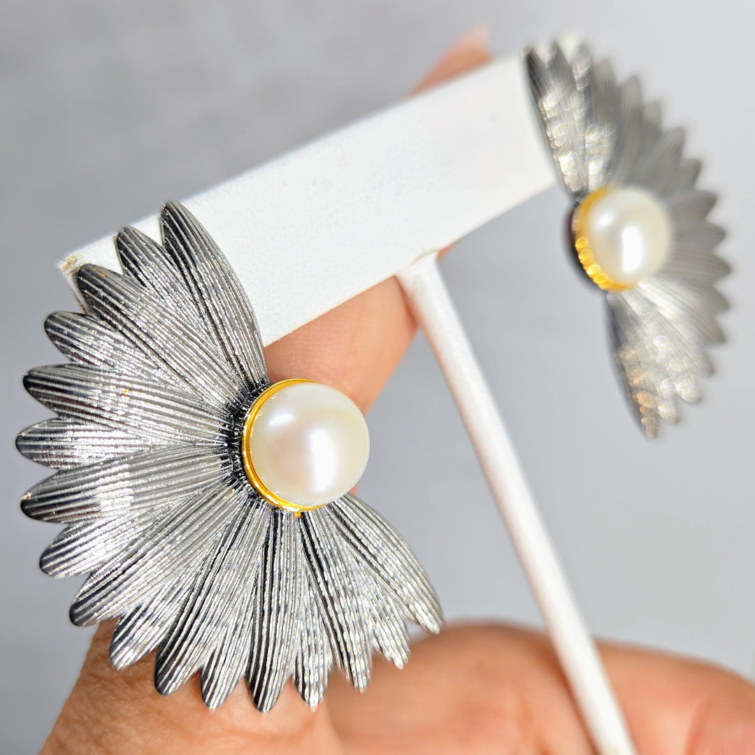 "My Biggest Fans" 2" Earrings - Pearls, 18k Gold & Black Sterling