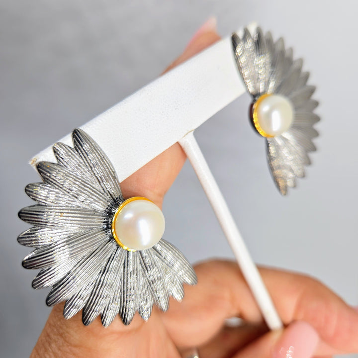 "My Biggest Fans" 2" Earrings - Pearls, 18k Gold & Black Sterling