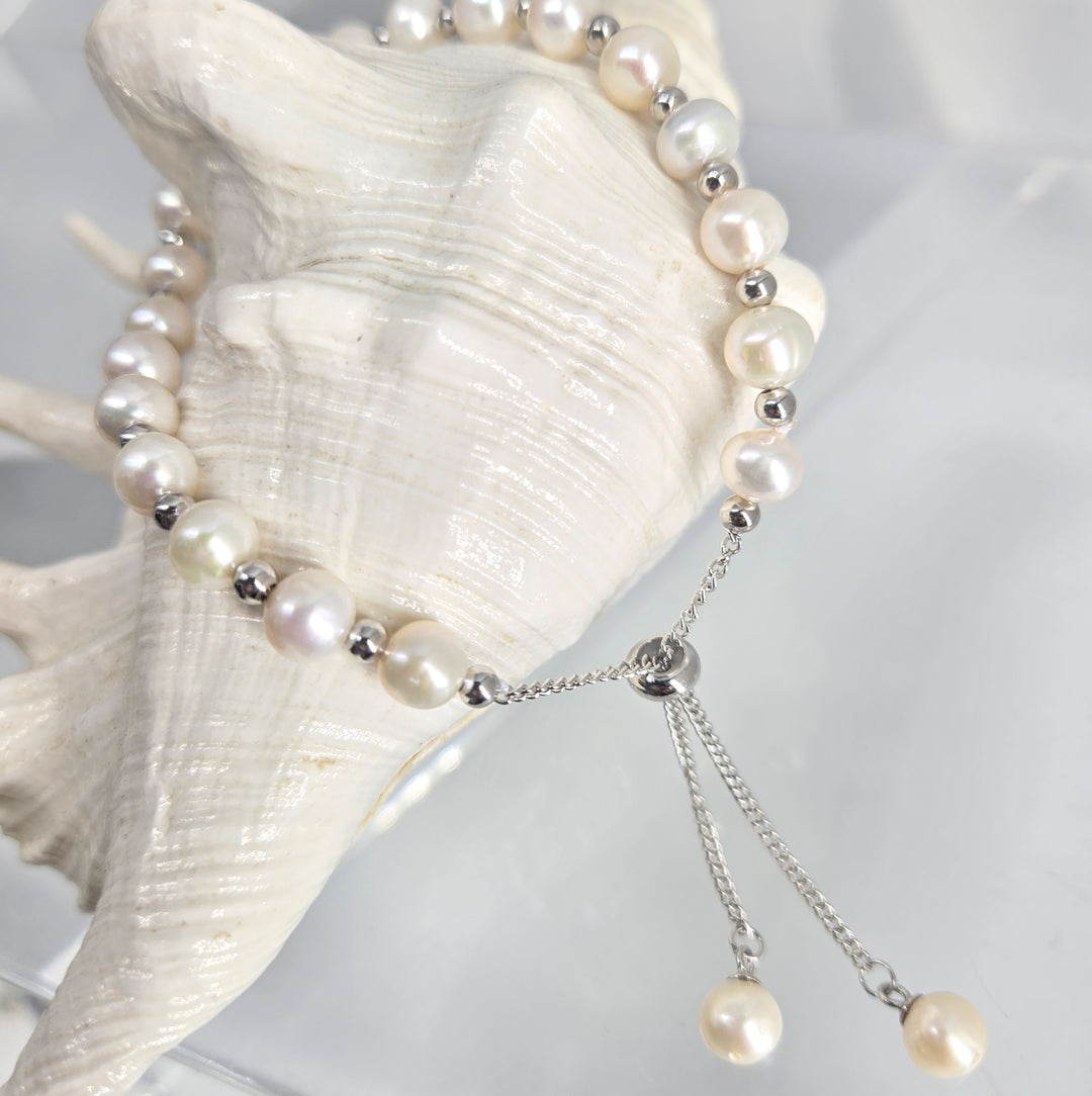 "Pearl Bolo Bracelet" Adj. Bracelet - Pearls, Anti-tarnish Sterling
