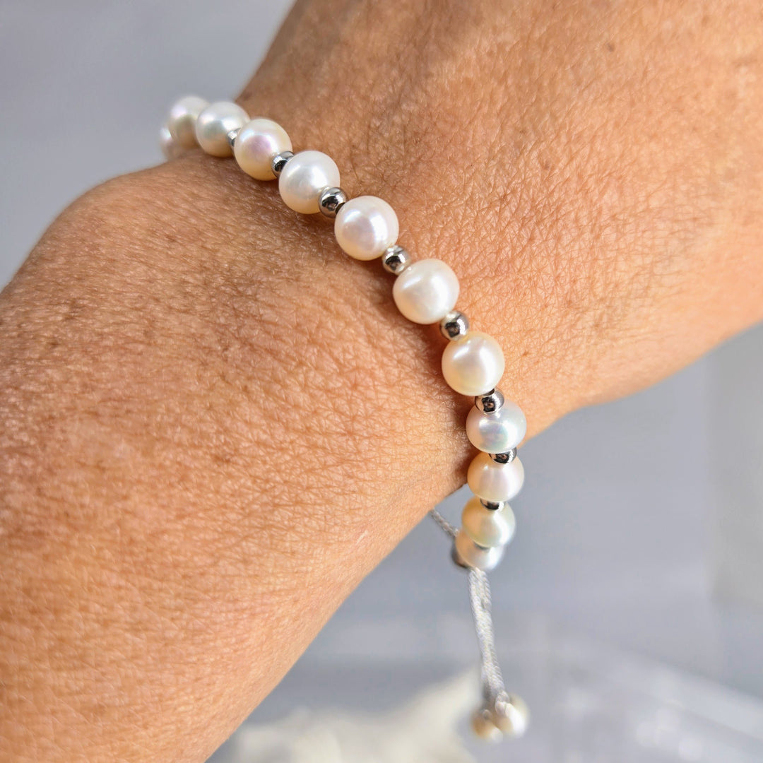 "Pearl Bolo Bracelet" Adj. Bracelet - Pearls, Anti-tarnish Sterling