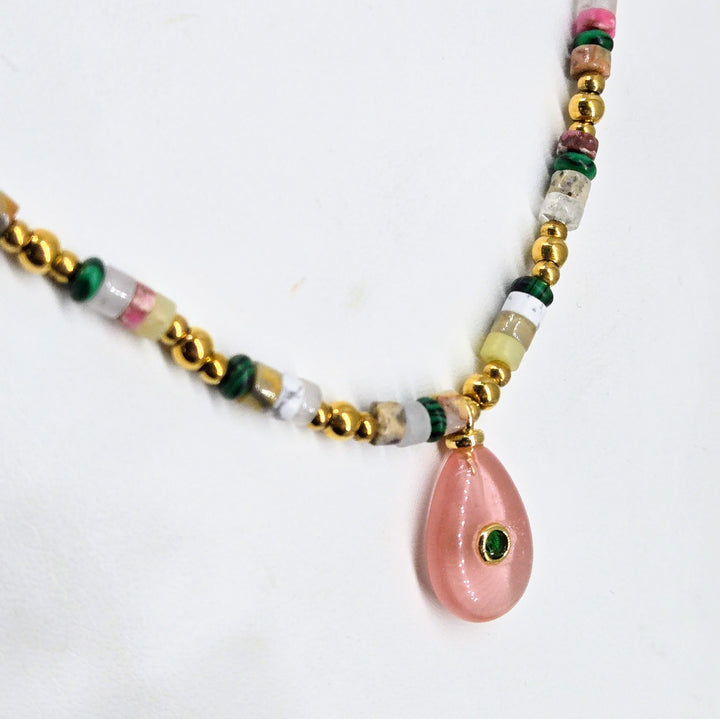 "Candy Necklace #5" 16" - 18" Necklace - Cherry Quartz, Onyx, Jasper, Malachite, Gold-PVD Findings