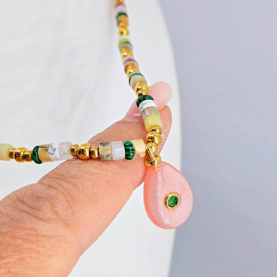 "Candy Necklace #5" 16" - 18" Necklace - Cherry Quartz, Onyx, Jasper, Malachite, Gold-PVD Findings