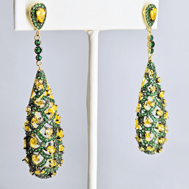 "Green Pineapple" 2.5" Earrings - Green & Golden Topaz, 18k Gold Sterling