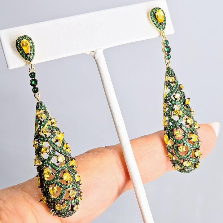"Green Pineapple" 2.5" Earrings - Green & Golden Topaz, 18k Gold Sterling