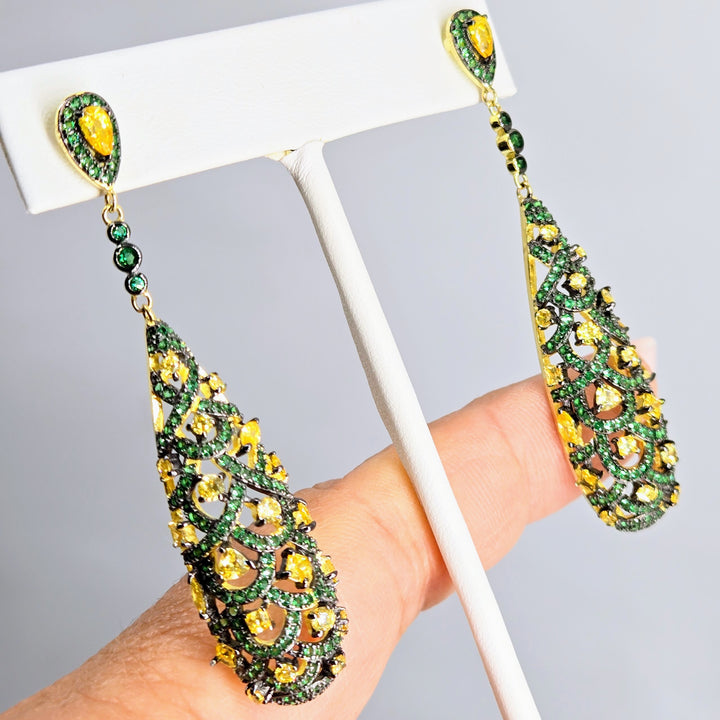 "Green Pineapple" 2.5" Earrings - Green & Golden Topaz, 18k Gold Sterling