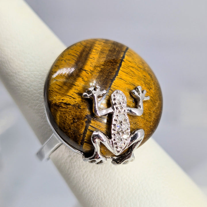 "Hey Froggie!" Sz 7 Ring - Diamonds, Tiger Eye, Anti-tarnish Sterling