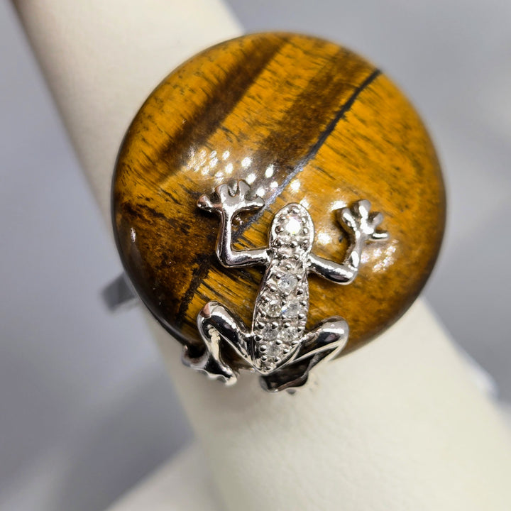 "Hey Froggie!" Sz 7 Ring - Diamonds, Tiger Eye, Anti-tarnish Sterling