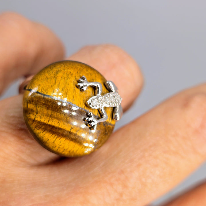 "Hey Froggie!" Sz 7 Ring - Diamonds, Tiger Eye, Anti-tarnish Sterling