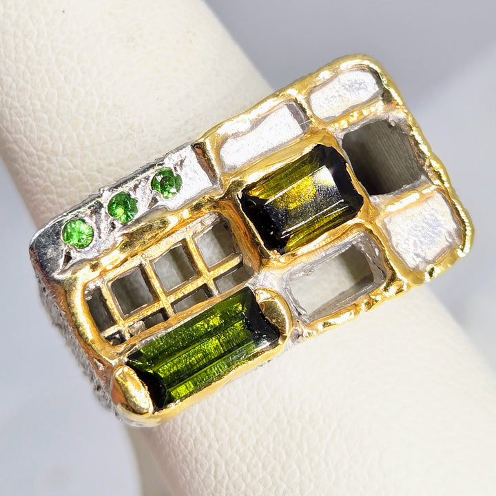 "Another One Opens" Sz 8 Ring - Emerald, Tourmaline, Sterling, 18k Gold