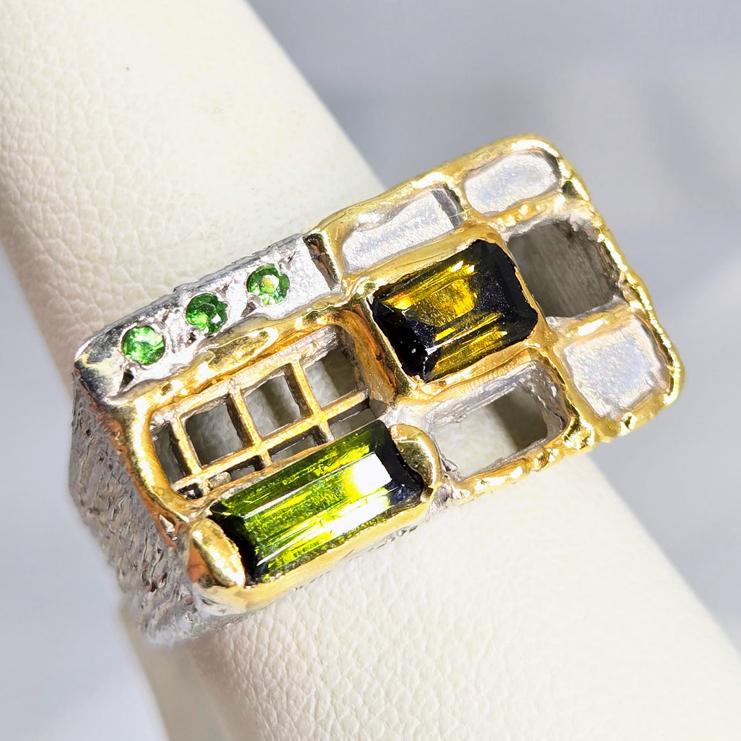 "Another One Opens" Sz 8 Ring - Emerald, Tourmaline, Sterling, 18k Gold