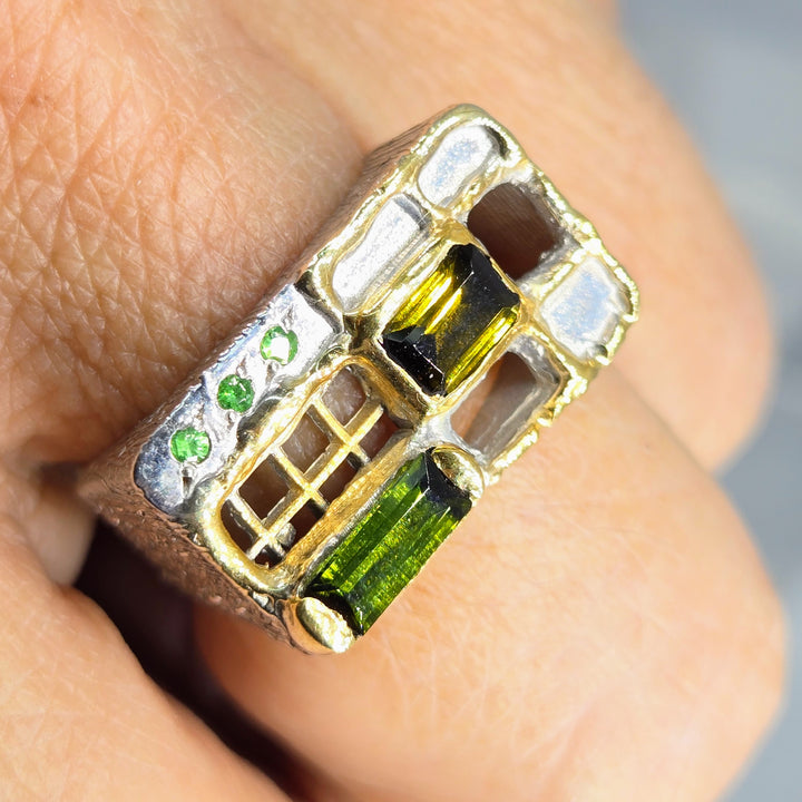 "Another One Opens" Sz 8 Ring - Emerald, Tourmaline, Sterling, 18k Gold
