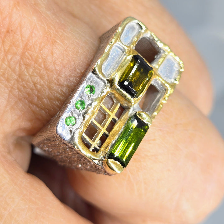 "Another One Opens" Sz 8 Ring - Emerald, Tourmaline, Sterling, 18k Gold