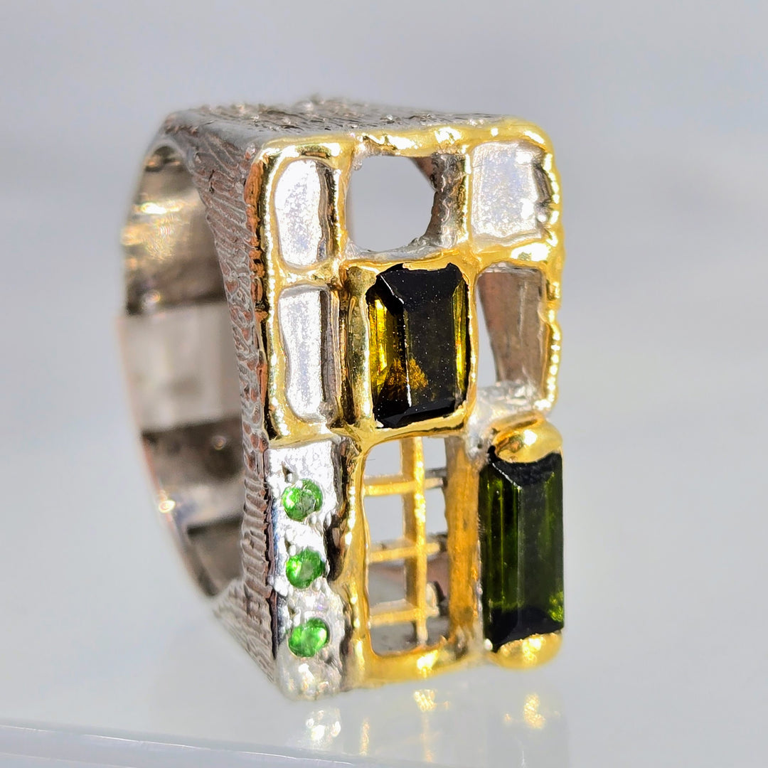 "Another One Opens" Sz 8 Ring - Emerald, Tourmaline, Sterling, 18k Gold