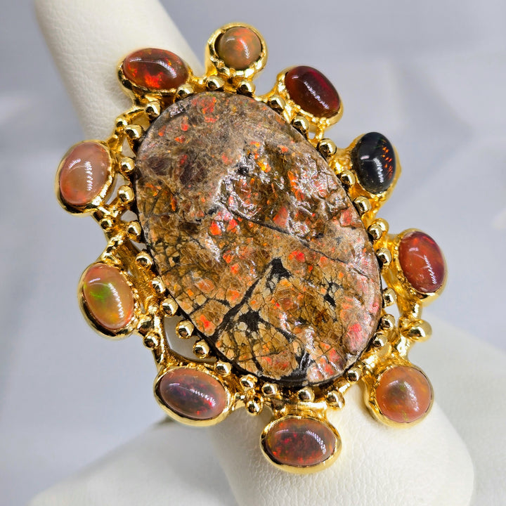 "Magic Dragon" Sz 9 Ring - Opal, Ammolite, 18k Gold Sterling
