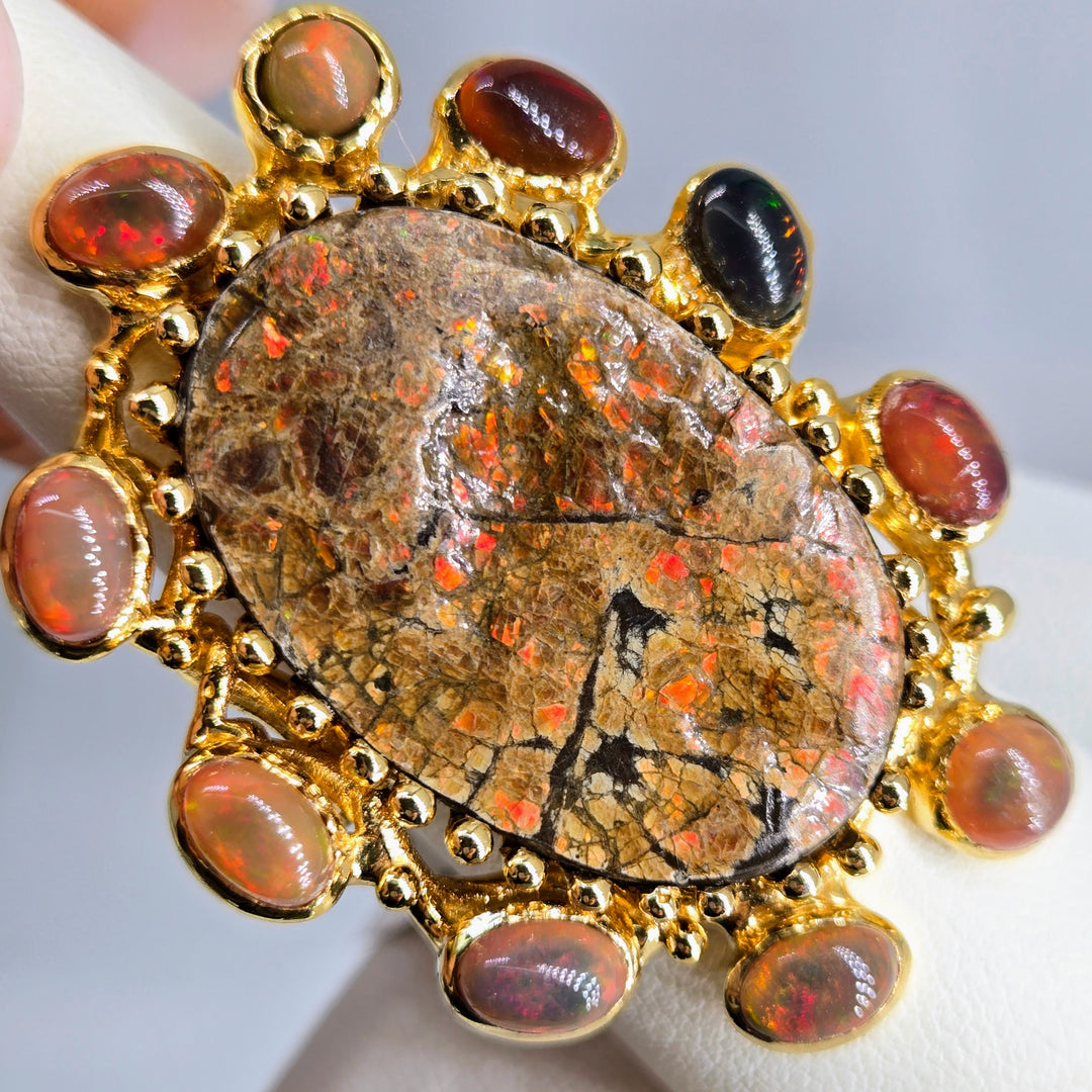 "Magic Dragon" Sz 9 Ring - Opal, Ammolite, 18k Gold Sterling
