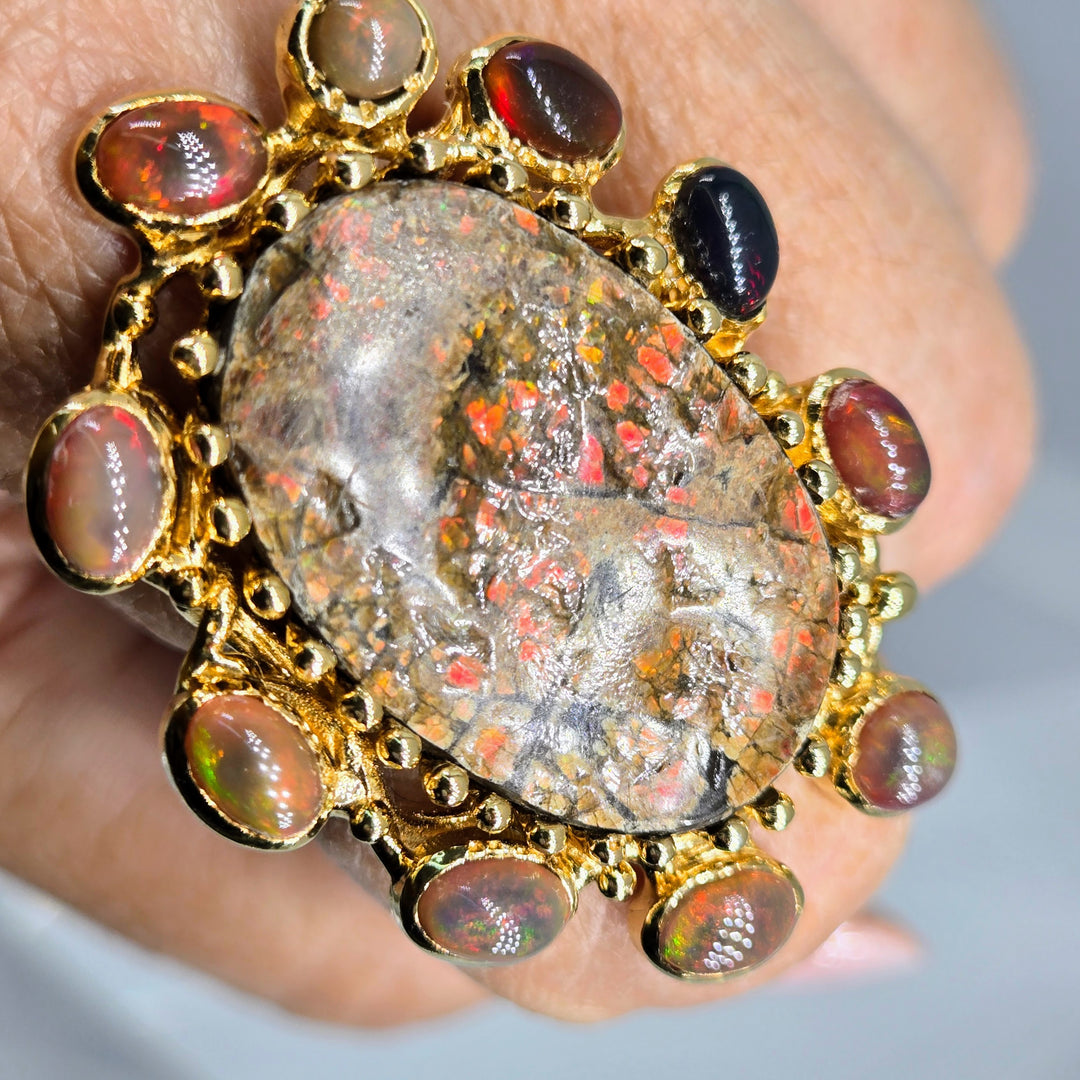 "Magic Dragon" Sz 9 Ring - Opal, Ammolite, 18k Gold Sterling