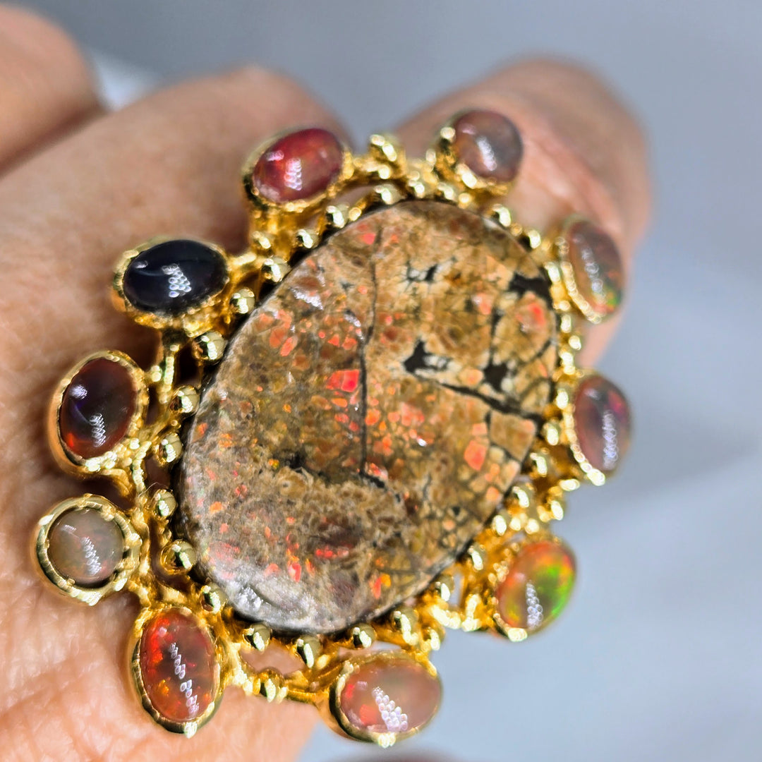 "Magic Dragon" Sz 9 Ring - Opal, Ammolite, 18k Gold Sterling