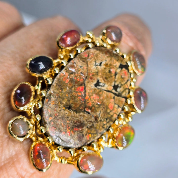 "Magic Dragon" Sz 9 Ring - Opal, Ammolite, 18k Gold Sterling