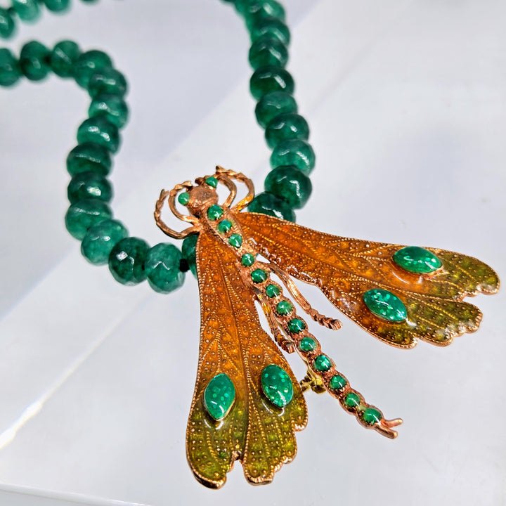 "Camp Fire-fly" Convertible Necklace/Brooch Combo - Green Quartz, Bronze, Enamel, Sterling Findings