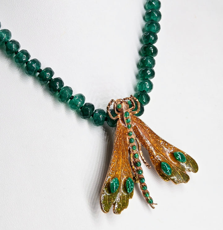 "Camp Fire-fly" Convertible Necklace/Brooch Combo - Green Quartz, Bronze, Enamel, Sterling Findings