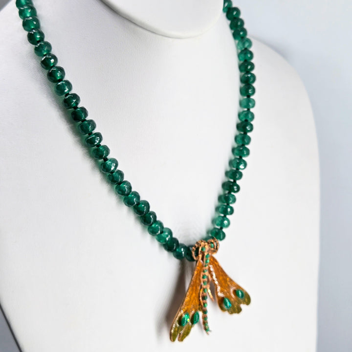 "Camp Fire-fly" Convertible Necklace/Brooch Combo - Green Quartz, Bronze, Enamel, Sterling Findings