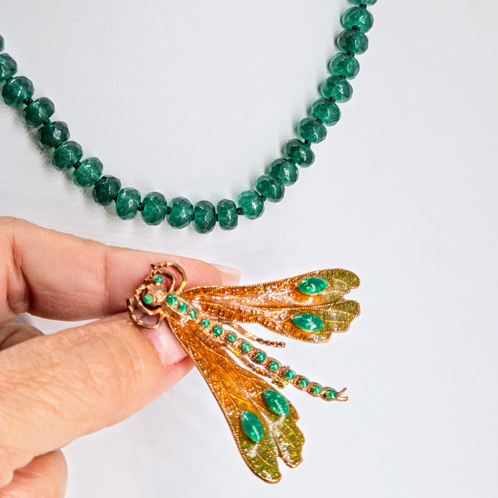 "Camp Fire-fly" Convertible Necklace/Brooch Combo - Green Quartz, Bronze, Enamel, Sterling Findings