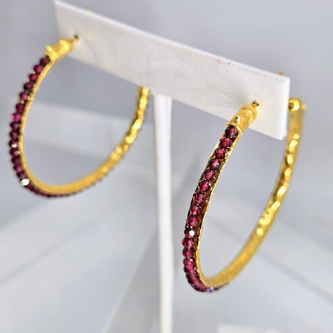 "Berry Beautiful Hoops" 2" Earrings - Rhodolite Garnet, 18k Gold Sterling