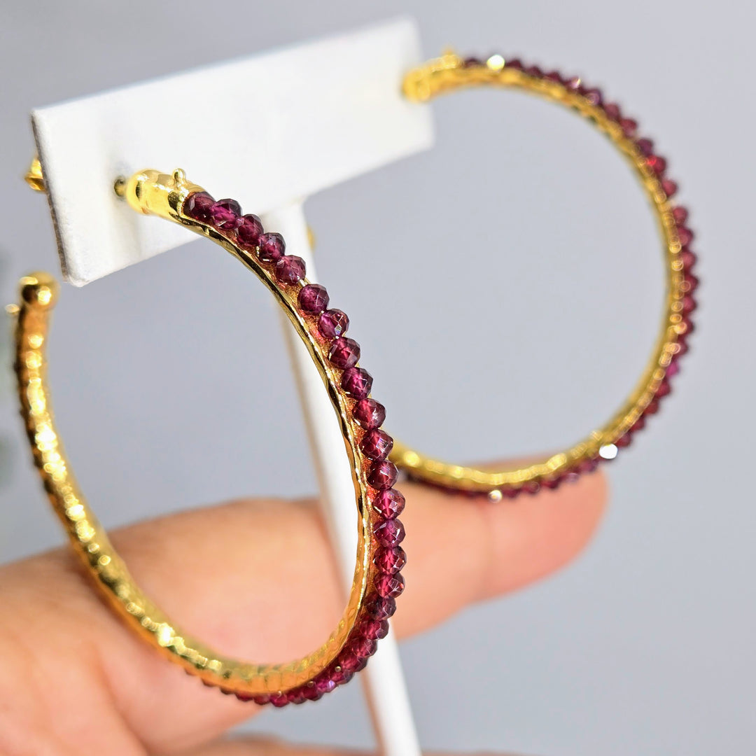 "Berry Beautiful Hoops" 2" Earrings - Rhodolite Garnet, 18k Gold Sterling