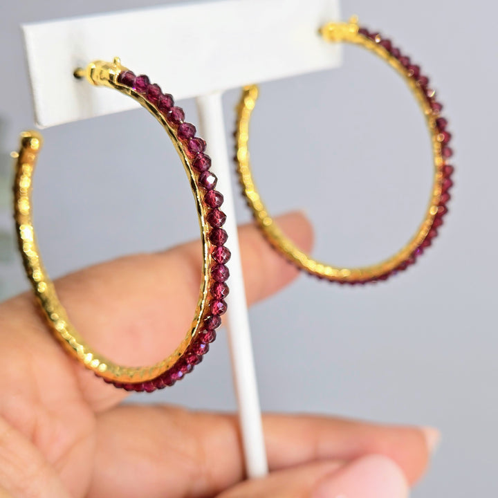 "Berry Beautiful Hoops" 2" Earrings - Rhodolite Garnet, 18k Gold Sterling