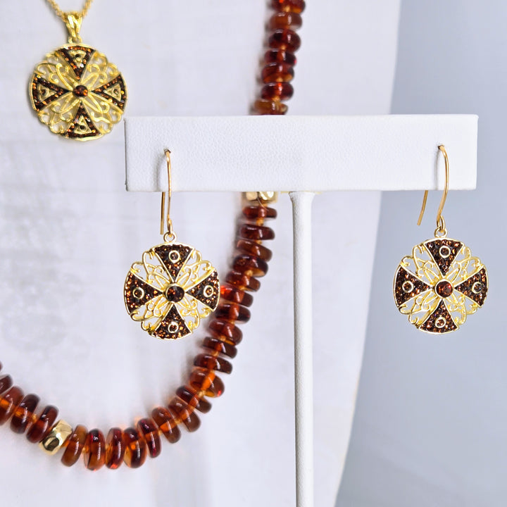 "Canterbury Cross" 1.5" Earrings - Cognac Crystals, Gold-plated Jeweler's Brass & Sterling