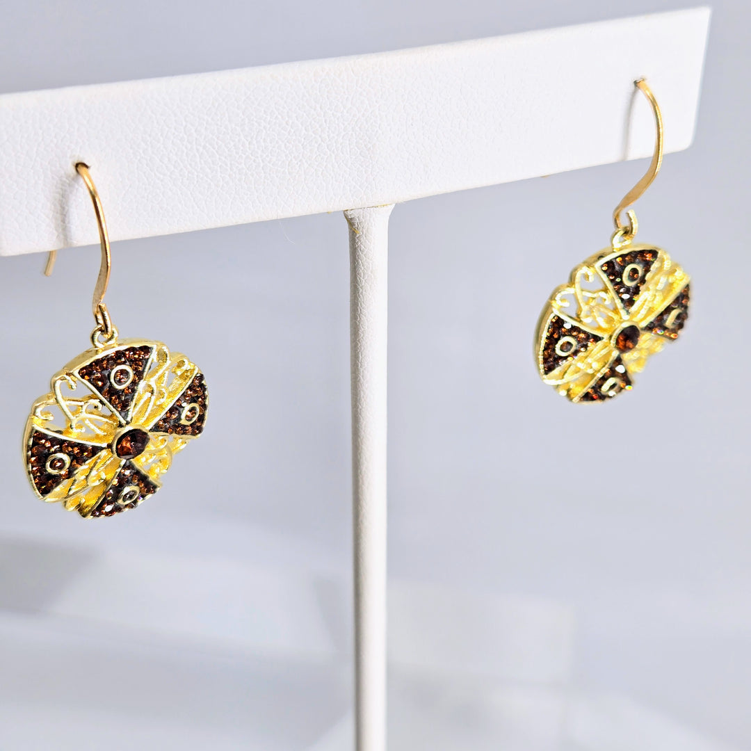 "Canterbury Cross" 1.5" Earrings - Cognac Crystals, Gold-plated Jeweler's Brass & Sterling