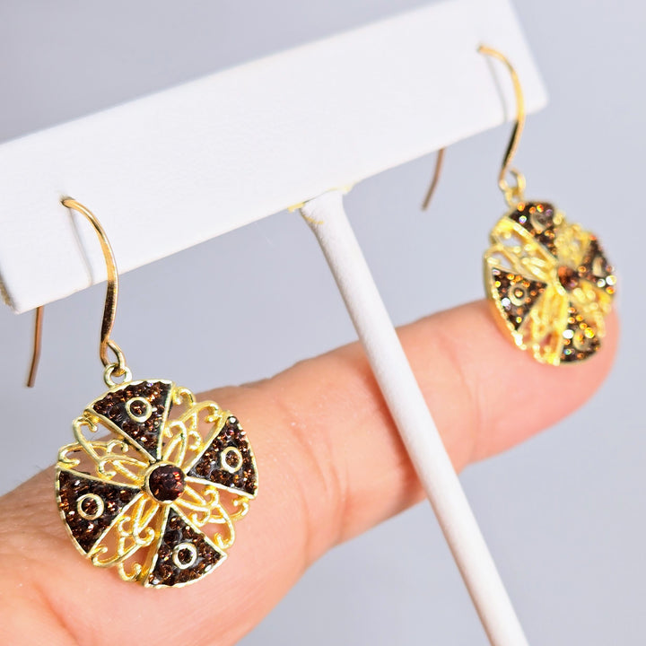 "Canterbury Cross" 1.5" Earrings - Cognac Crystals, Gold-plated Jeweler's Brass & Sterling