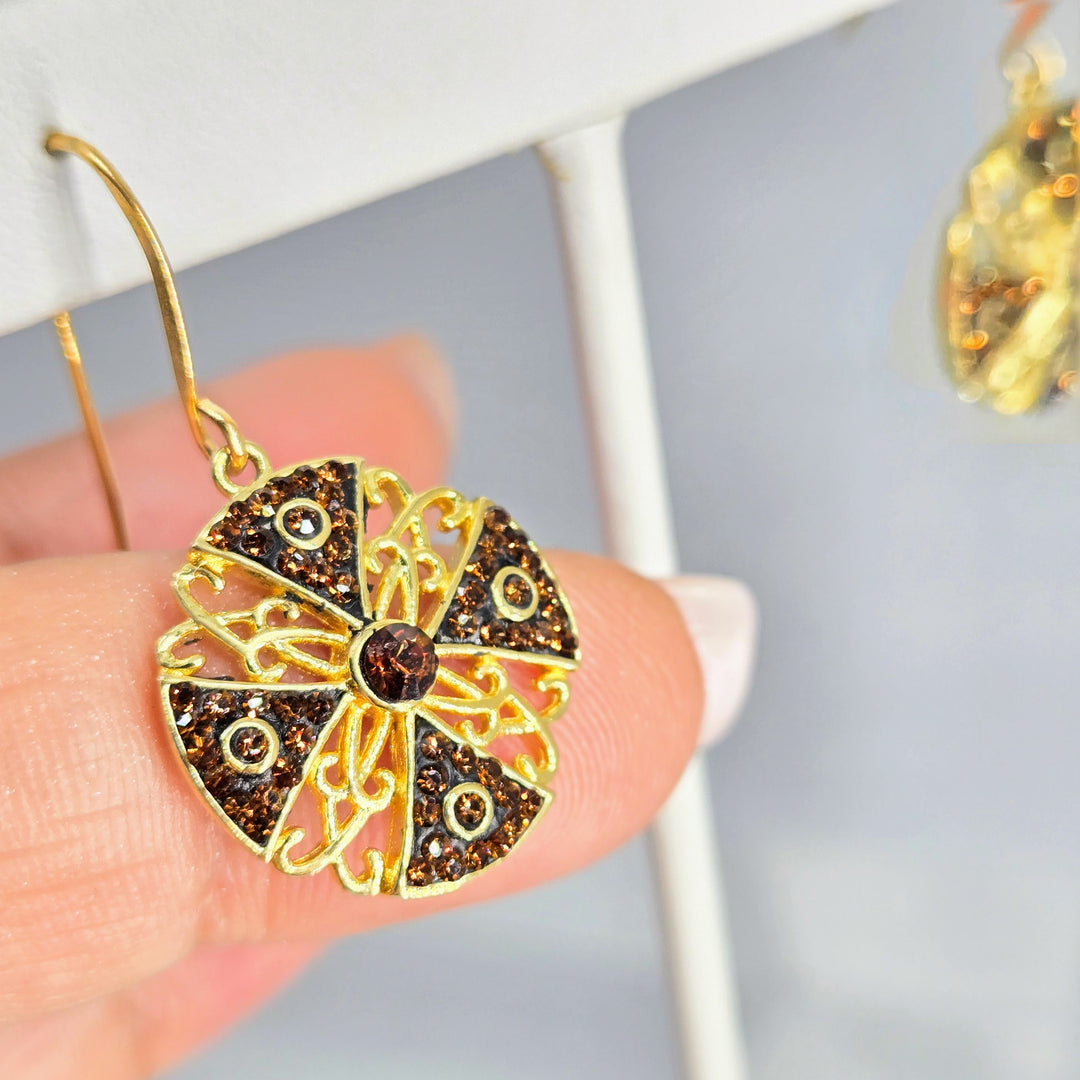 "Canterbury Cross" 1.5" Earrings - Cognac Crystals, Gold-plated Jeweler's Brass & Sterling