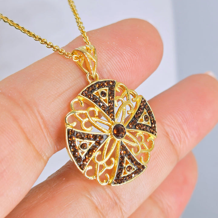 "Canterbury Cross" Pendant Necklace - Cognac Crystals, Gold-plated Jeweler's Brass