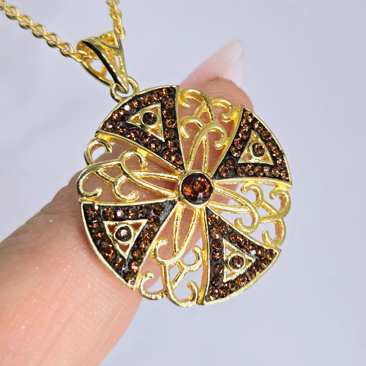 "Canterbury Cross" Pendant Necklace - Cognac Crystals, Gold-plated Jeweler's Brass