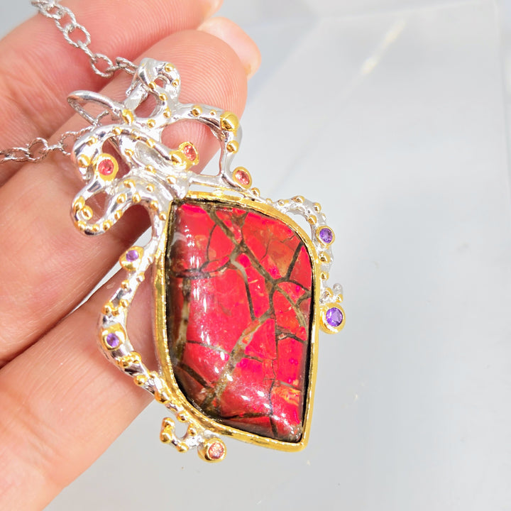 "Ancient wisdom" Pendant Necklace -Ammolite, Sapphire, Amethyst, Anti-tarnish Sterling, 18k Gold Accents