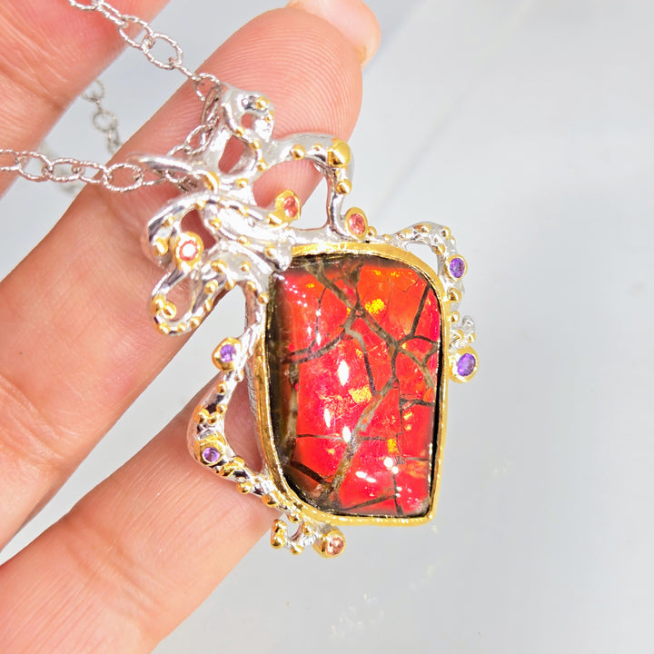 "Ancient wisdom" Pendant Necklace -Ammolite, Sapphire, Amethyst, Anti-tarnish Sterling, 18k Gold Accents