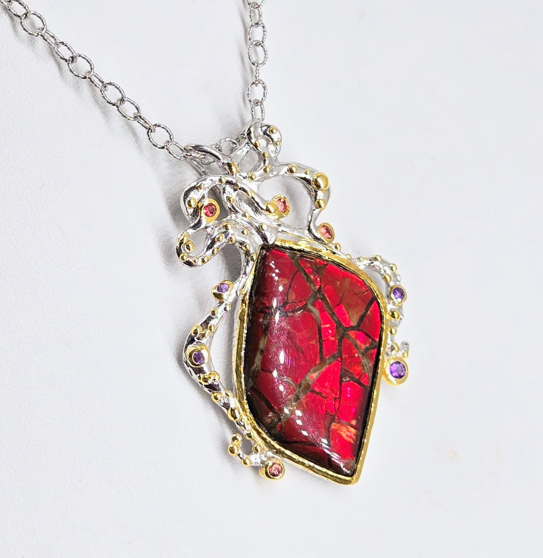 "Ancient wisdom" Pendant Necklace -Ammolite, Sapphire, Amethyst, Anti-tarnish Sterling, 18k Gold Accents