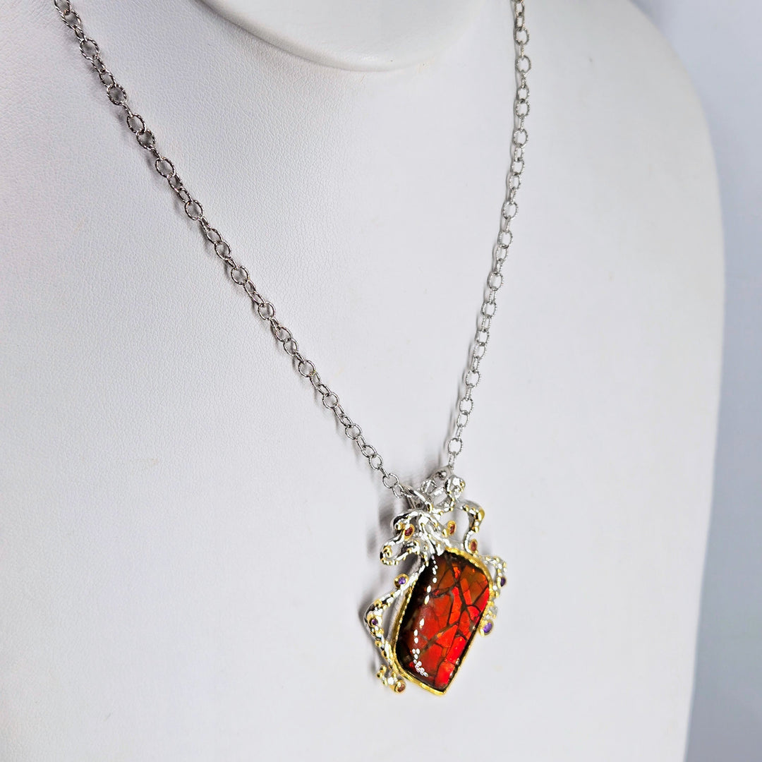 "Ancient wisdom" Pendant Necklace -Ammolite, Sapphire, Amethyst, Anti-tarnish Sterling, 18k Gold Accents