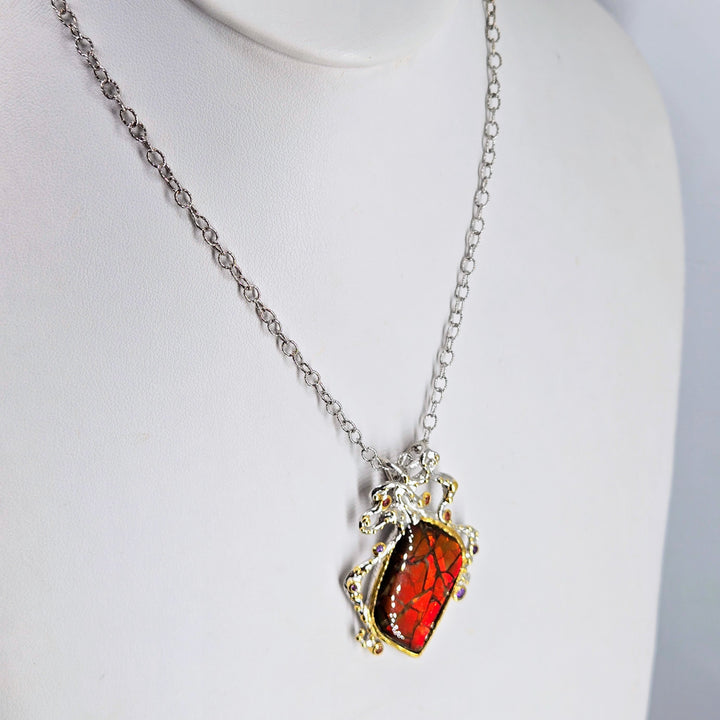 "Ancient wisdom" Pendant Necklace -Ammolite, Sapphire, Amethyst, Anti-tarnish Sterling, 18k Gold Accents