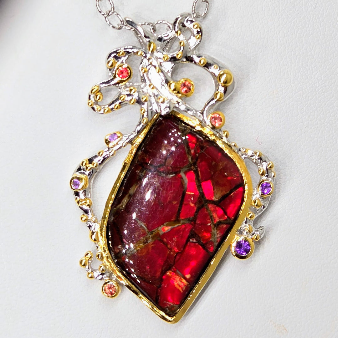 "Ancient wisdom" Pendant Necklace -Ammolite, Sapphire, Amethyst, Anti-tarnish Sterling, 18k Gold Accents