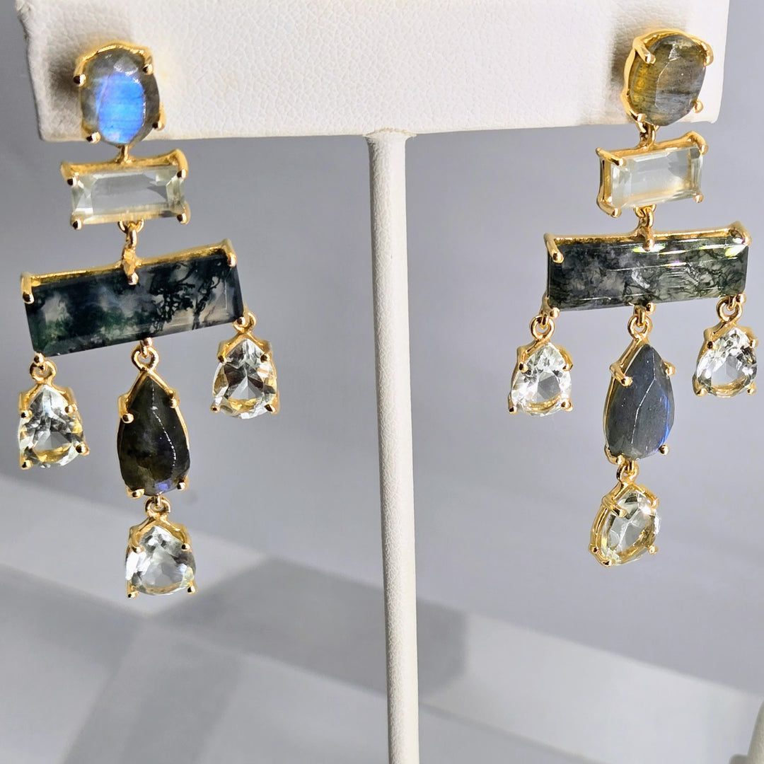 "Rolling Stone 2.25" Earrings - Moss Agate, Prasiolite, Labradorite, 18k Gold Sterling