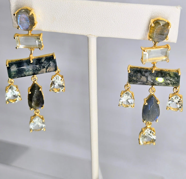 "Rolling Stone 2.25" Earrings - Moss Agate, Prasiolite, Labradorite, 18k Gold Sterling