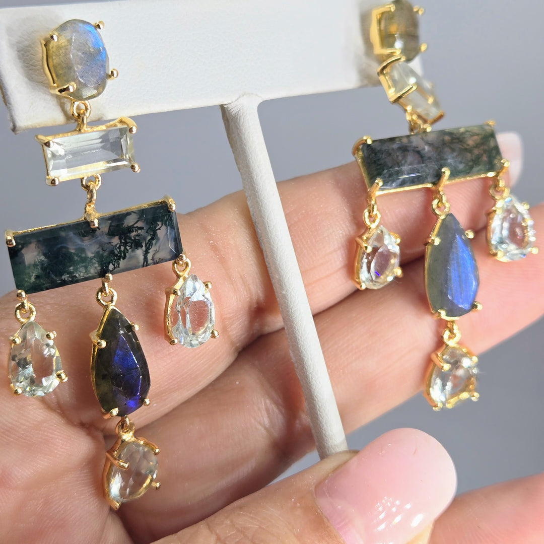 "Rolling Stone 2.25" Earrings - Moss Agate, Prasiolite, Labradorite, 18k Gold Sterling