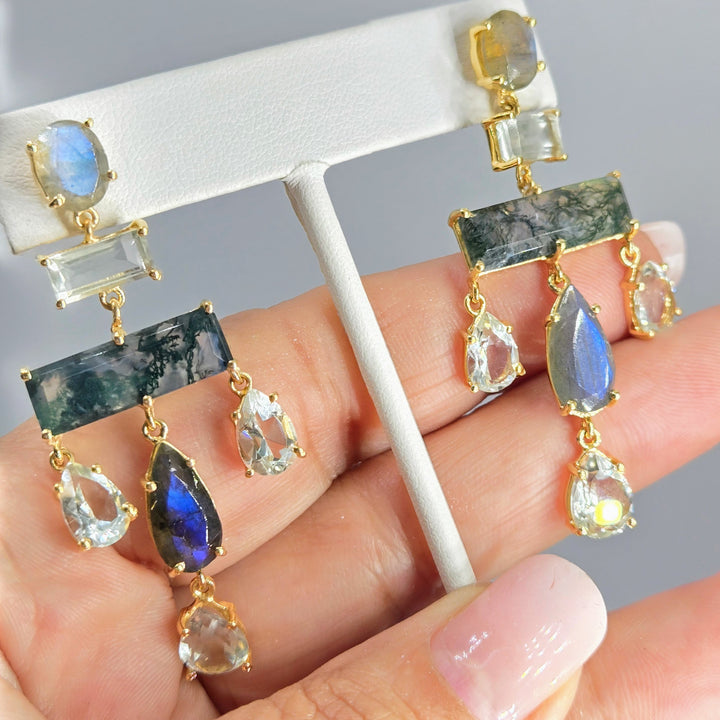 "Rolling Stone 2.25" Earrings - Moss Agate, Prasiolite, Labradorite, 18k Gold Sterling