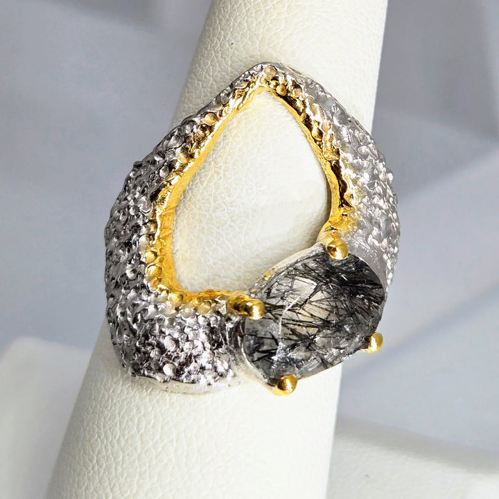 "Space Within" Sz 7.5 Ring - Tourmalinated Quartz, Sterling, 18k Gold Accents