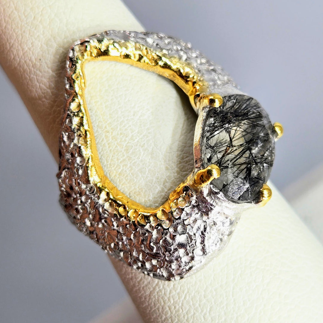 "Space Within" Sz 7.5 Ring - Tourmalinated Quartz, Sterling, 18k Gold Accents