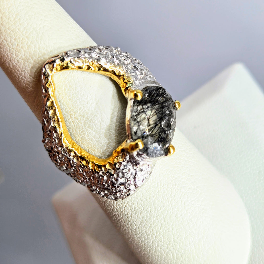 "Space Within" Sz 7.5 Ring - Tourmalinated Quartz, Sterling, 18k Gold Accents
